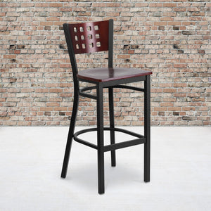 English Elm Commercial Grade Series Black Cutout Back Metal Restaurant Barstool - Mahogany Wood Back & Seat