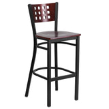 English Elm Commercial Grade Series Black Cutout Back Metal Restaurant Barstool - Mahogany Wood Back & Seat