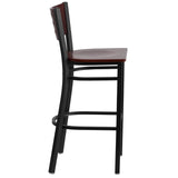 English Elm Commercial Grade Series Black Cutout Back Metal Restaurant Barstool - Mahogany Wood Back & Seat