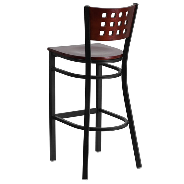English Elm Commercial Grade Series Black Cutout Back Metal Restaurant Barstool - Mahogany Wood Back & Seat