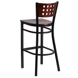 English Elm Commercial Grade Series Black Cutout Back Metal Restaurant Barstool - Mahogany Wood Back & Seat