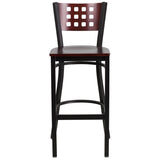 English Elm Commercial Grade Series Black Cutout Back Metal Restaurant Barstool - Mahogany Wood Back & Seat