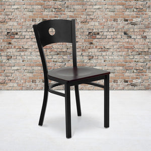 English Elm Commercial Grade Series Black Circle Back Metal Restaurant Chair - Mahogany Wood Seat