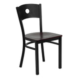 English Elm Commercial Grade Series Black Circle Back Metal Restaurant Chair - Mahogany Wood Seat