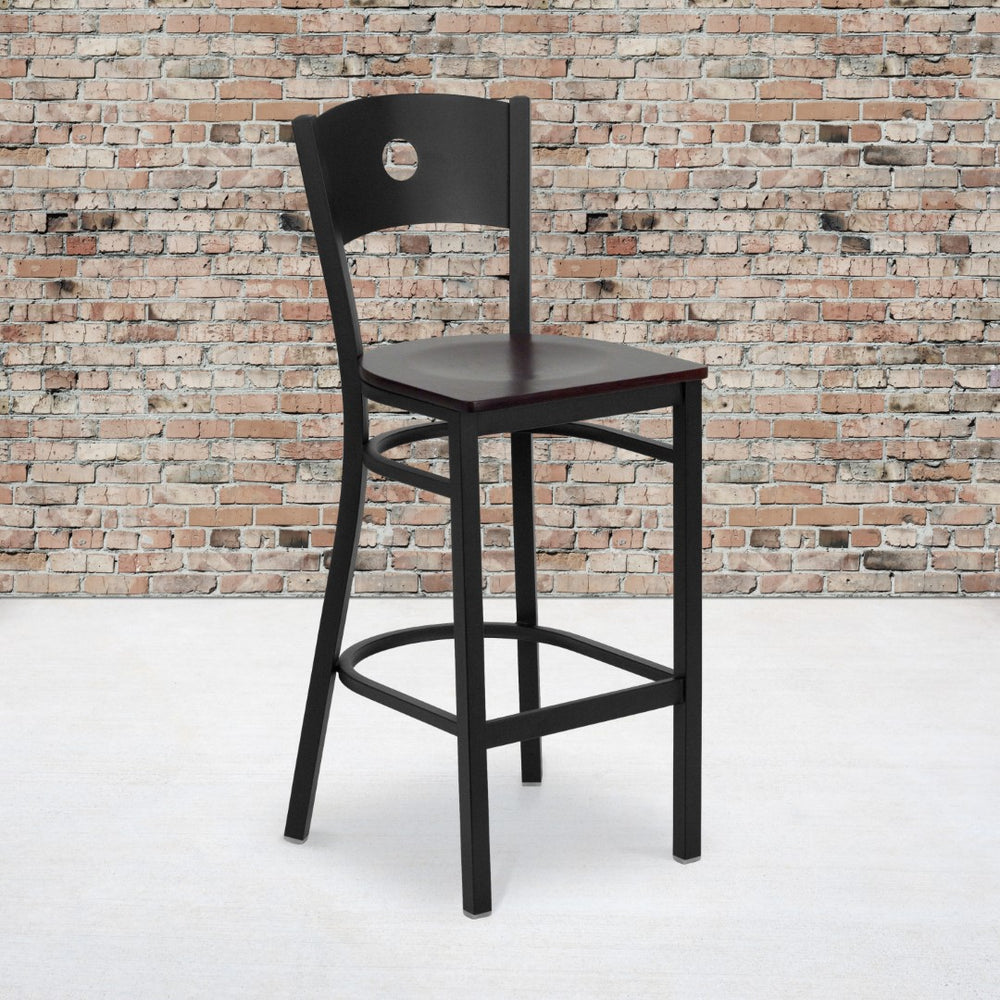 English Elm Commercial Grade Series Black Circle Back Metal Restaurant Barstool - Mahogany Wood Seat