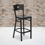 English Elm Commercial Grade Series Black Circle Back Metal Restaurant Barstool - Mahogany Wood Seat