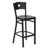 English Elm Commercial Grade Series Black Circle Back Metal Restaurant Barstool - Mahogany Wood Seat