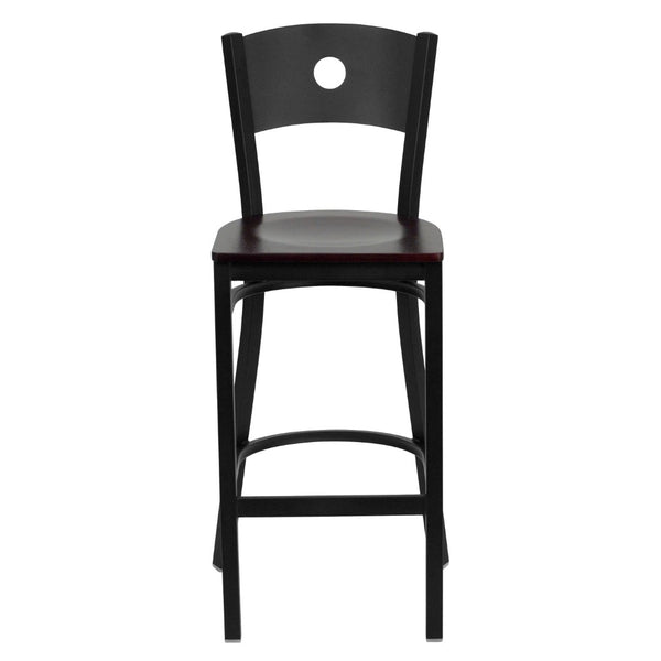 English Elm Commercial Grade Series Black Circle Back Metal Restaurant Barstool - Mahogany Wood Seat