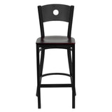 English Elm Commercial Grade Series Black Circle Back Metal Restaurant Barstool - Mahogany Wood Seat