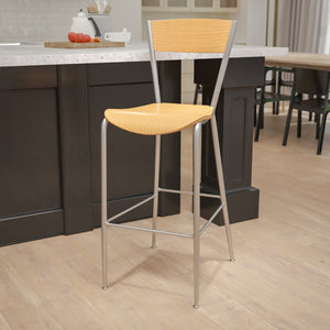 English Elm Commercial Grade Series Silver Metal Restaurant Barstool - Wood Back & Seat