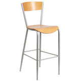 English Elm Commercial Grade Series Silver Metal Restaurant Barstool - Wood Back & Seat