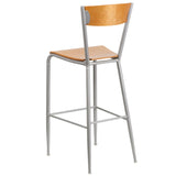 English Elm Commercial Grade Series Silver Metal Restaurant Barstool - Wood Back & Seat