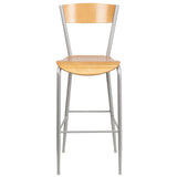 English Elm Commercial Grade Series Silver Metal Restaurant Barstool - Wood Back & Seat