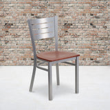 English Elm Commercial Grade Series Silver Slat Back Metal Restaurant Chair - Cherry Wood Seat