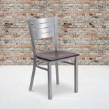 Commercial Grade Series Silver Slat Back Metal Restaurant Chair - Mahogany Wood Seat