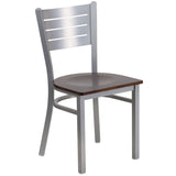 English Elm Commercial Grade Series Silver Slat Back Metal Restaurant Chair - Walnut Wood Seat