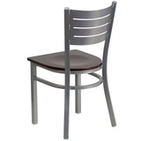 English Elm Commercial Grade Series Silver Slat Back Metal Restaurant Chair - Walnut Wood Seat