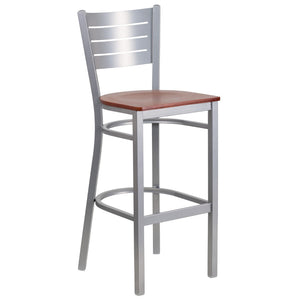 English Elm Commercial Grade Series Silver Slat Back Metal Restaurant Barstool - Cherry Wood Seat