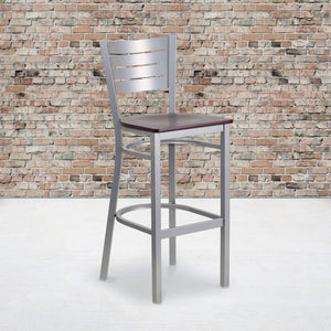 English Elm Commercial Grade Series Silver Slat Back Metal Restaurant Barstool - Mahogany Wood Seat