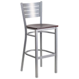 English Elm Commercial Grade Series Silver Slat Back Metal Restaurant Barstool - Mahogany Wood Seat