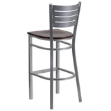 English Elm Commercial Grade Series Silver Slat Back Metal Restaurant Barstool - Mahogany Wood Seat