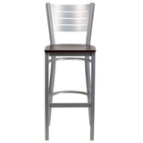 English Elm Commercial Grade Series Silver Slat Back Metal Restaurant Barstool - Mahogany Wood Seat