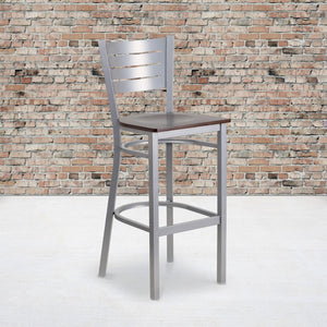 English Elm Commercial Grade Series Silver Slat Back Metal Restaurant Barstool - Walnut Wood Seat