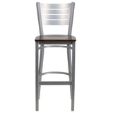 English Elm Commercial Grade Series Silver Slat Back Metal Restaurant Barstool - Walnut Wood Seat