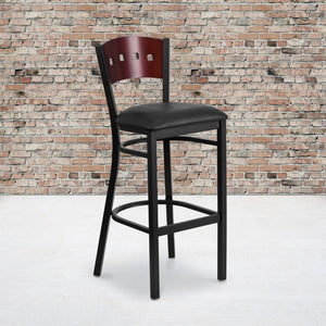 English Elm Commercial Grade Series 4 Square Back Metal Restaurant Barstool - Mahogany Wood Back, Vinyl Seat