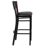 English Elm Commercial Grade Series 4 Square Back Metal Restaurant Barstool - Mahogany Wood Back, Vinyl Seat