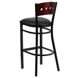 English Elm Commercial Grade Series 4 Square Back Metal Restaurant Barstool - Mahogany Wood Back, Vinyl Seat