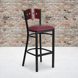 English Elm Commercial Grade Series Black 4 Square Back Metal Restaurant Barstool - Mahogany Wood Back, Vinyl Seat