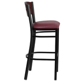 English Elm Commercial Grade Series Black 4 Square Back Metal Restaurant Barstool - Mahogany Wood Back, Vinyl Seat