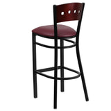 English Elm Commercial Grade Series Black 4 Square Back Metal Restaurant Barstool - Mahogany Wood Back, Vinyl Seat