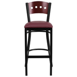 English Elm Commercial Grade Series Black 4 Square Back Metal Restaurant Barstool - Mahogany Wood Back, Vinyl Seat