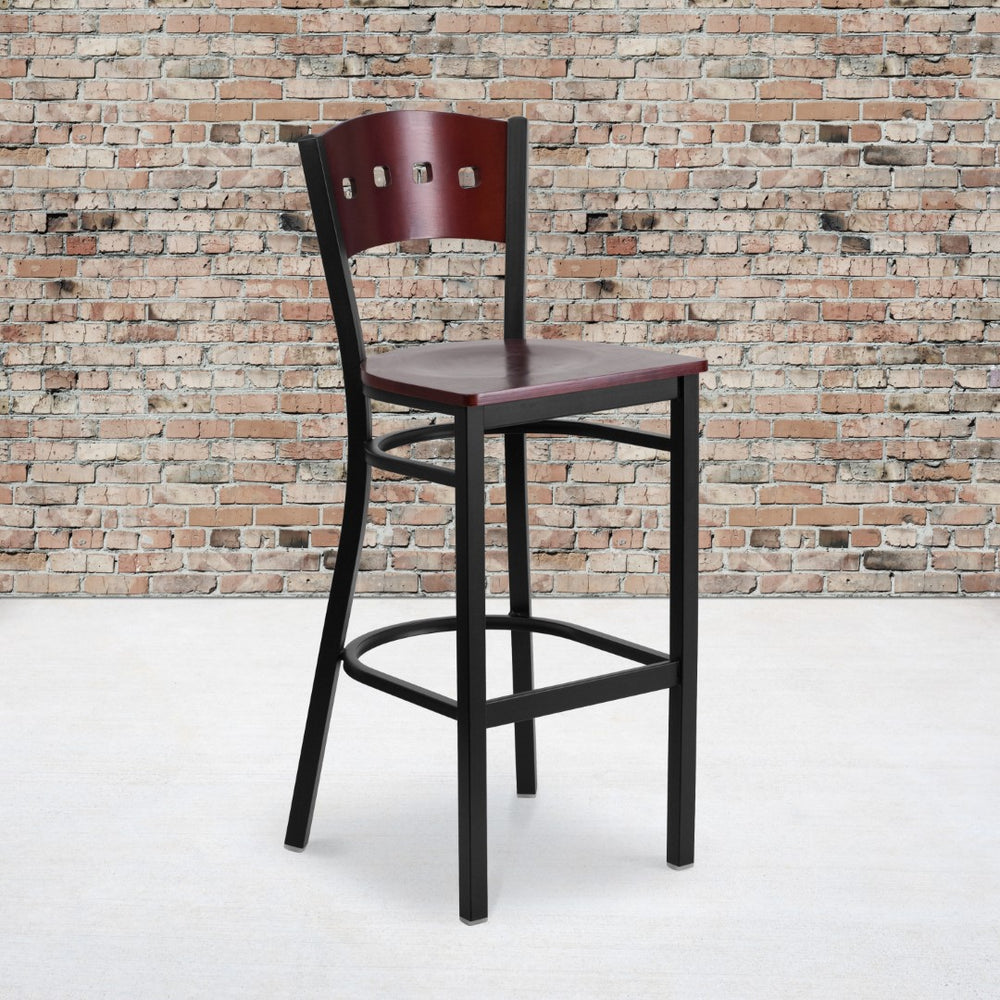 English Elm Commercial Grade Series Black 4 Square Back Metal Restaurant Barstool - Mahogany Wood Back & Seat