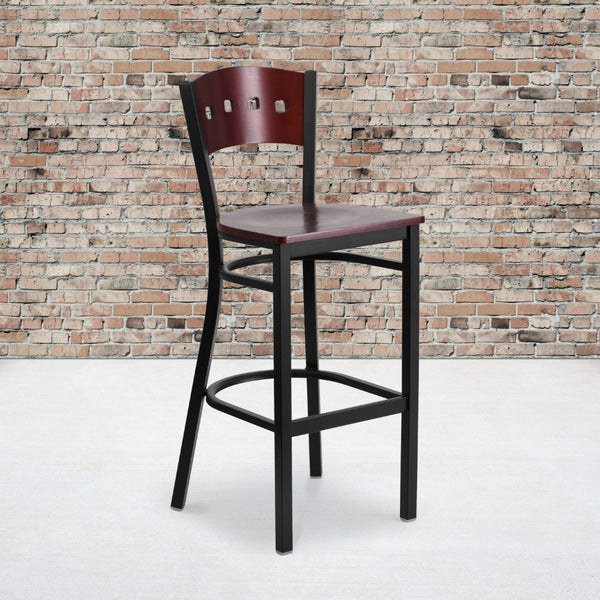 English Elm Commercial Grade Series Black 4 Square Back Metal Restaurant Barstool - Mahogany Wood Back & Seat