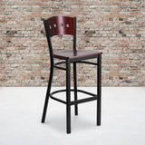 Commercial Grade Black Metal Barstool with Mahogany Wood Back & Seat - 500 lb. Capacity - Sturdy and Stylish