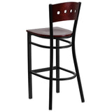 English Elm Commercial Grade Series Black 4 Square Back Metal Restaurant Barstool - Mahogany Wood Back & Seat