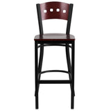 English Elm Commercial Grade Series Black 4 Square Back Metal Restaurant Barstool - Mahogany Wood Back & Seat