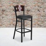 English Elm Commercial Grade Series 3 Circle Back Metal Restaurant Barstool - Walnut Wood Back, Vinyl Seat