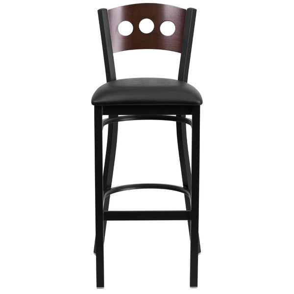 English Elm Commercial Grade Series 3 Circle Back Metal Restaurant Barstool - Walnut Wood Back, Vinyl Seat