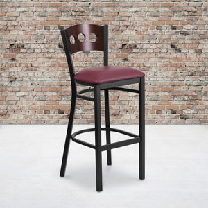 English Elm Commercial Grade Series Black 3 Circle Back Metal Restaurant Barstool - Walnut Wood Back, Vinyl Seat