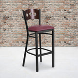 English Elm Commercial Grade Series Black 3 Circle Back Metal Restaurant Barstool - Walnut Wood Back, Vinyl Seat