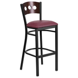 English Elm Commercial Grade Series Black 3 Circle Back Metal Restaurant Barstool - Walnut Wood Back, Vinyl Seat