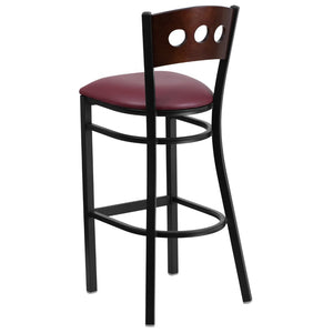English Elm Commercial Grade Series Black 3 Circle Back Metal Restaurant Barstool - Walnut Wood Back, Vinyl Seat