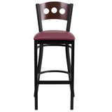 English Elm Commercial Grade Series Black 3 Circle Back Metal Restaurant Barstool - Walnut Wood Back, Vinyl Seat