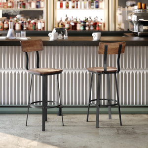 English Elm Commercial Grade Series Commercial Grade Restaurant Barstool with Wood Seat & Back and Gray Powder Coat Frame