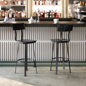 English Elm Commercial Grade Series Commercial Grade Restaurant Barstool with Wood Seat & Back and Powder Coat Frame