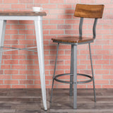 English Elm Commercial Grade Series Restaurant Barstool with Wood Seat & Back and Gray Powder Coat Frame